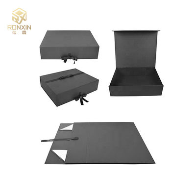 Luxury Rectangular Paperboard Foldable Gift Boxes With Ribbon Black