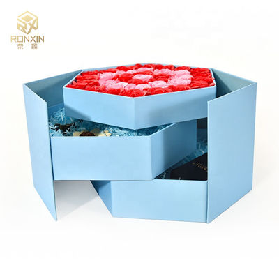 Blue Hexagonal Paperboard Gift Boxes With Ribbon For Gift Packaging