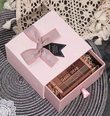 Art Paper Pink Paperboard Gift Boxes With Ribbon Drawer Box Shape For Cosmetic Packaging